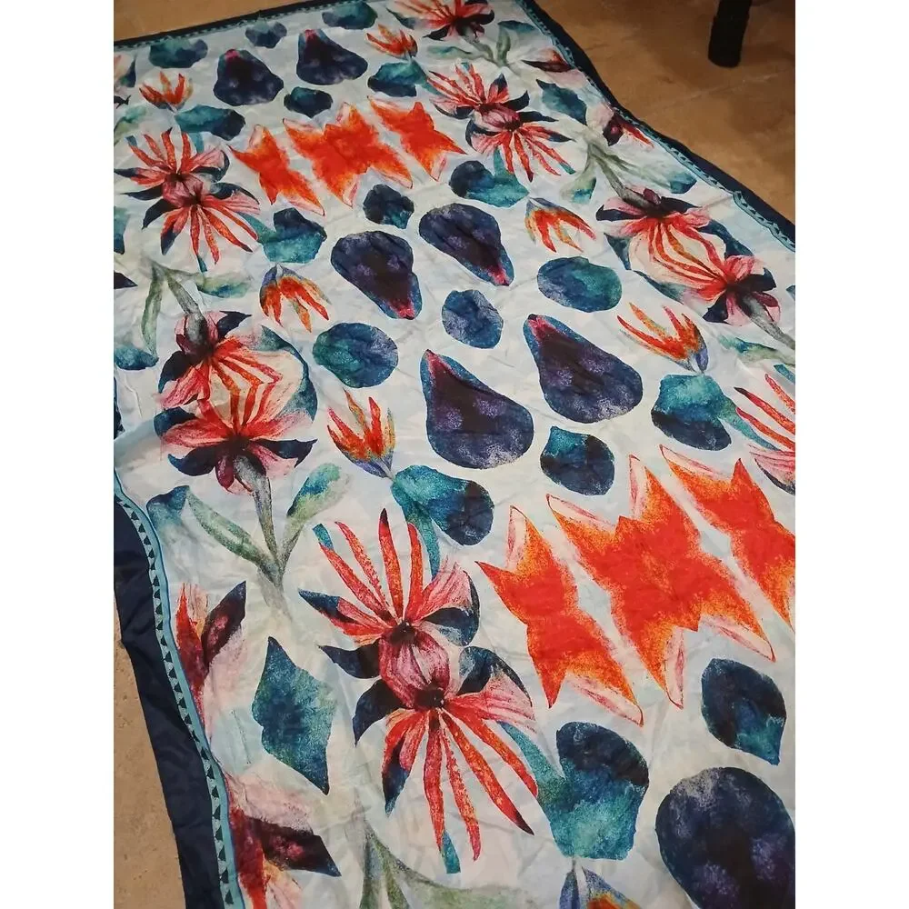 100% SILK‎ Scarf Vietri Milano Long Wrap 41x69 Blue Colorful Modern Art Tropical
